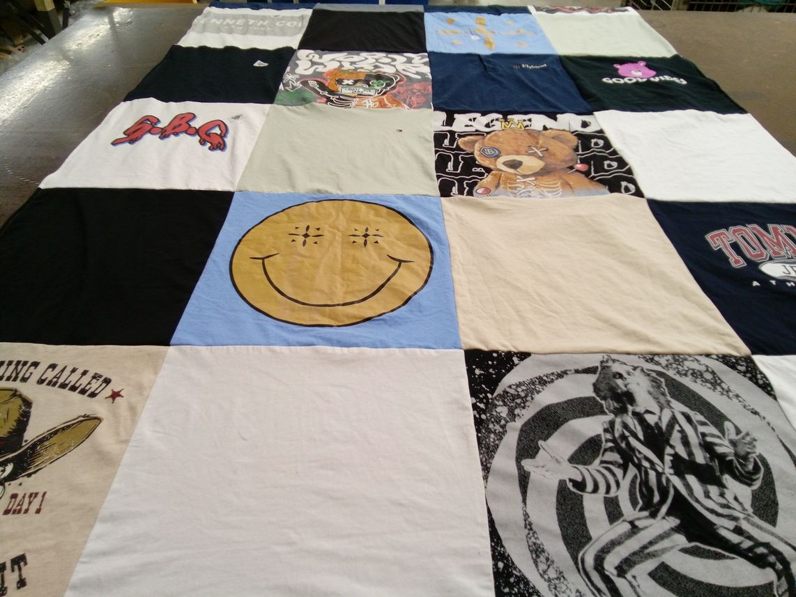 T-shirt quilt with humor, nostalgia themes by Erica from FL
