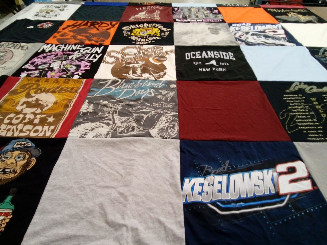 T-shirt quilt with music, motorcycles themes by Catarina from NC
