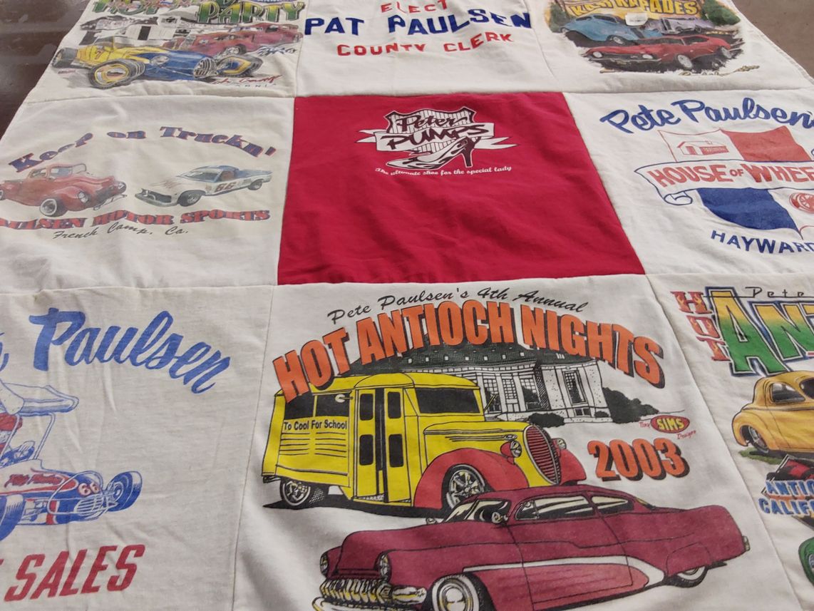 T-shirt quilt with car shows, automotive themes by Pete from TX