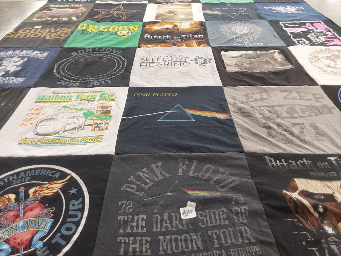 T-shirt quilt with music, bands themes by Myra from HI