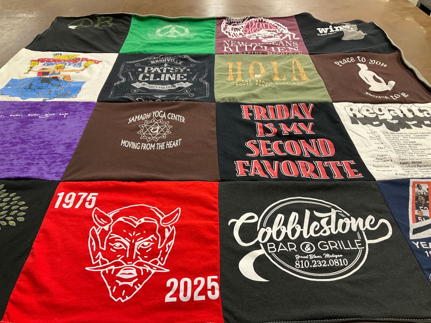 T-shirt quilt with yoga, music themes by Kristina from MI