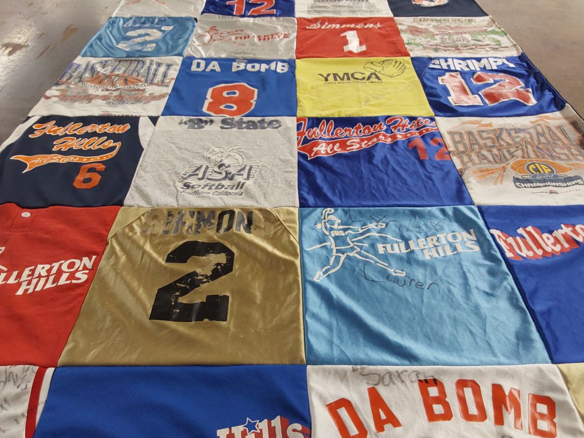 T-shirt quilt from fullerton hills college by Christine from CA