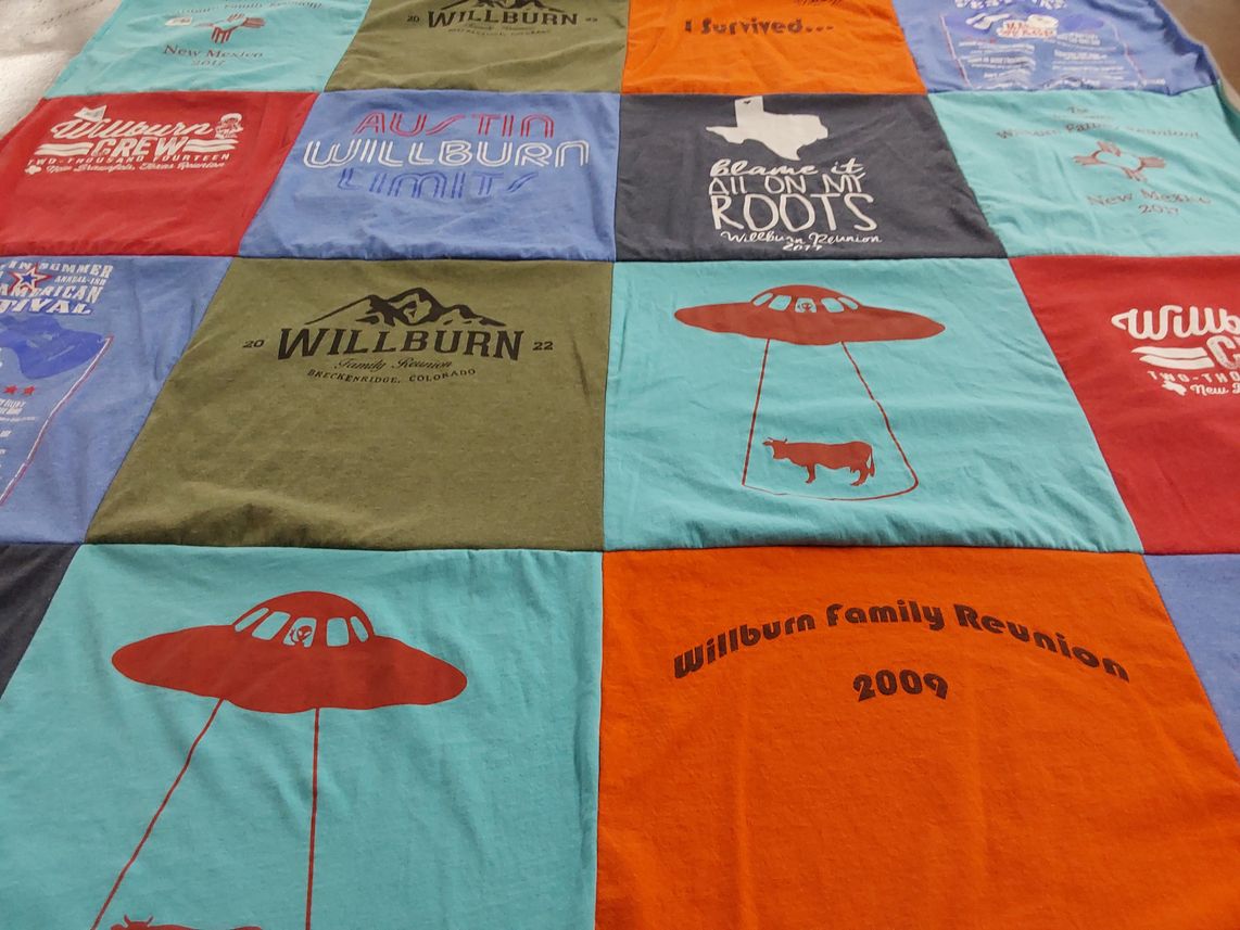 T-shirt quilt with family gatherings, reunions themes by Melissa from TX