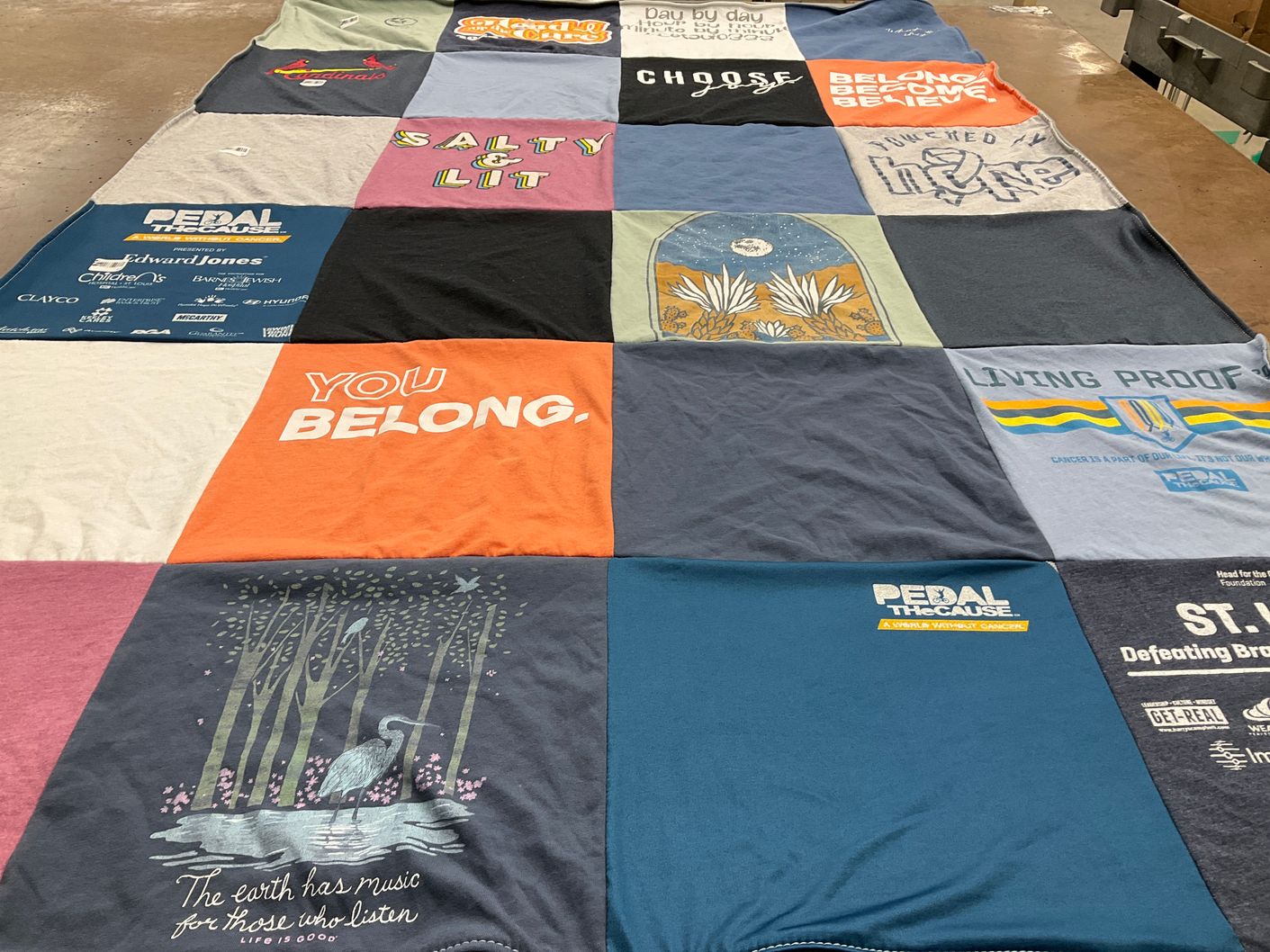 T-shirt quilt with cancer awareness, cycling themes by Geoff from MO