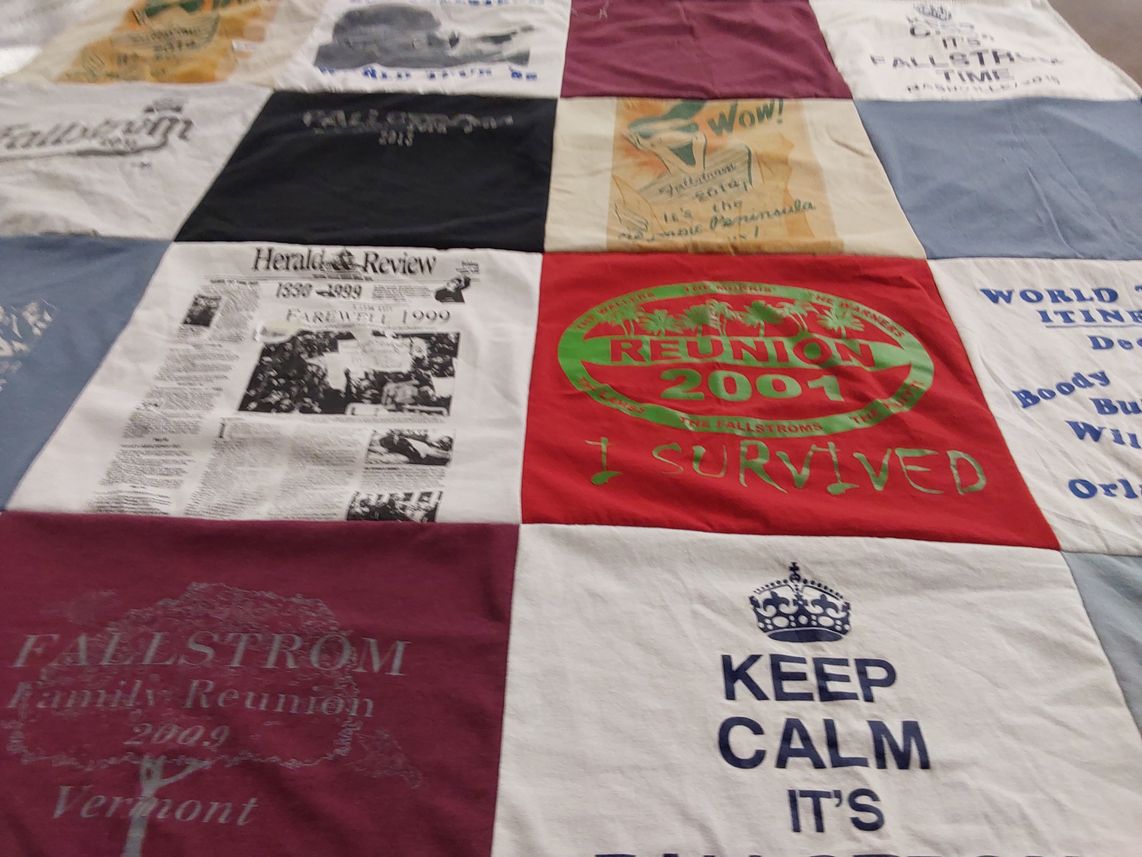 T-shirt quilt with family gatherings, heritage themes by Julie from FL