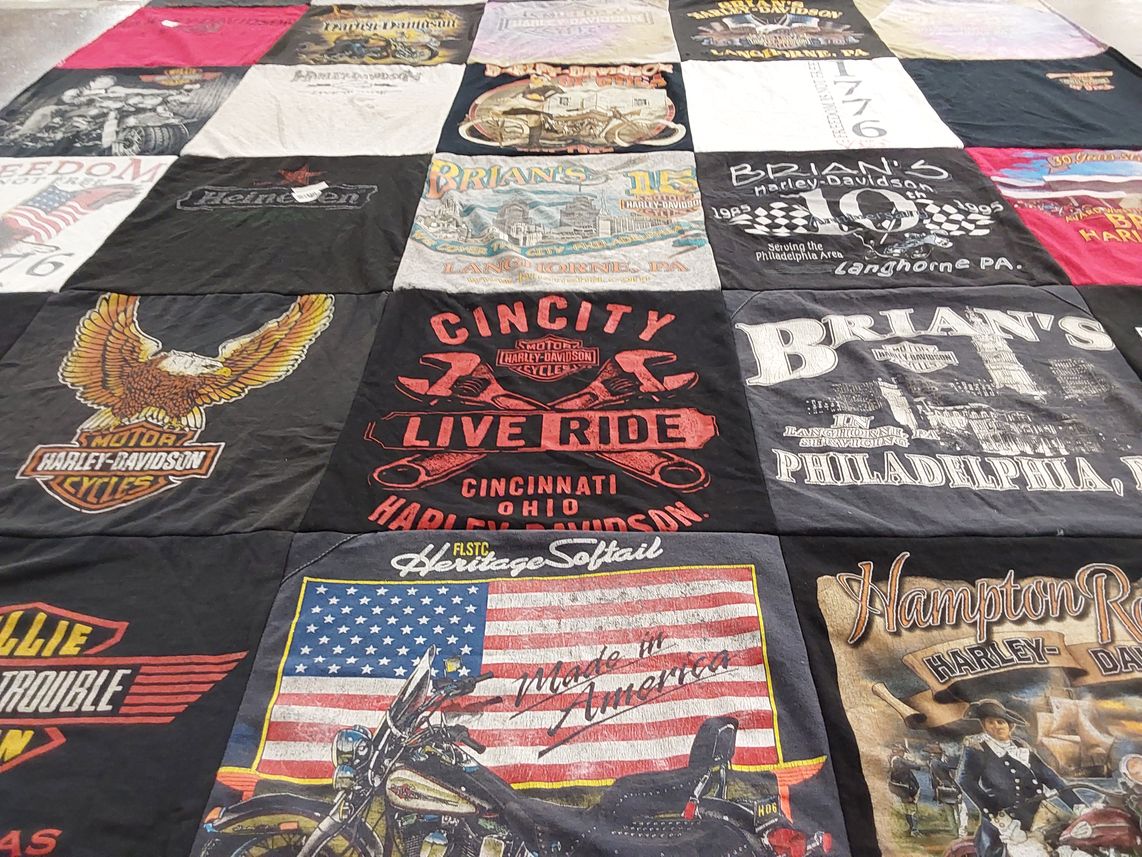T-shirt quilt with motorcycling, biking themes by Madison from NJ