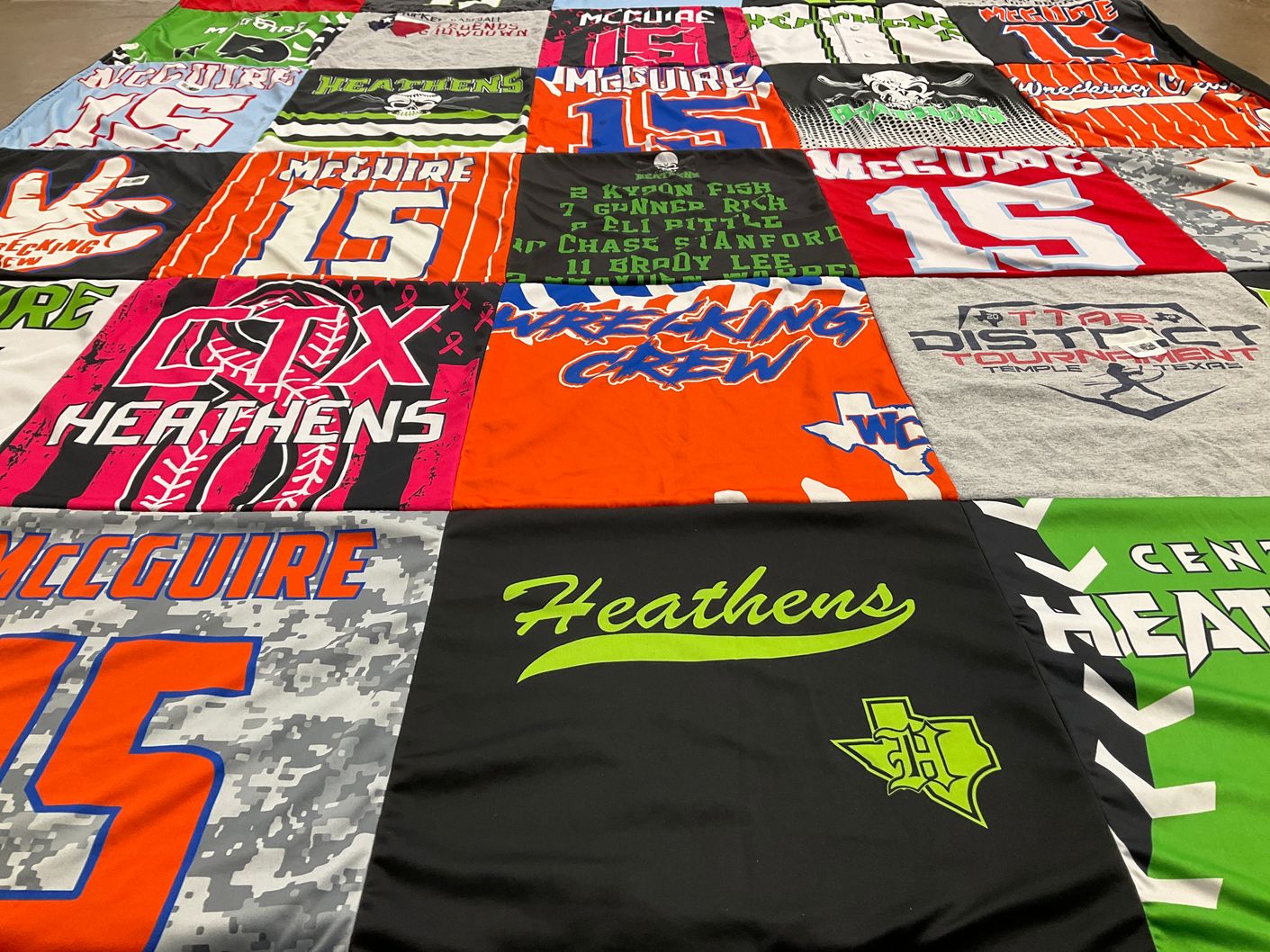 T-shirt quilt featuring heathens by Leah from TX
