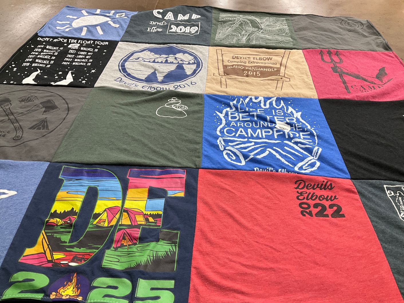 T-shirt quilt with camping, outdoors themes by Stacey from WA