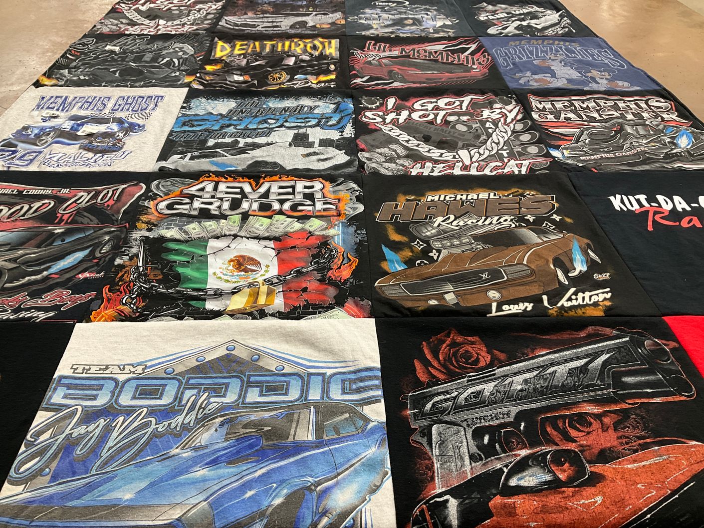 T-shirt quilt with racing, cars themes by Haley from TN