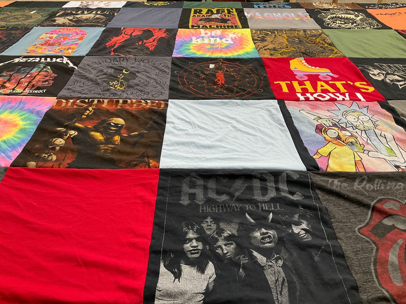 T-shirt quilt with music, rock themes by Cynthia from LA
