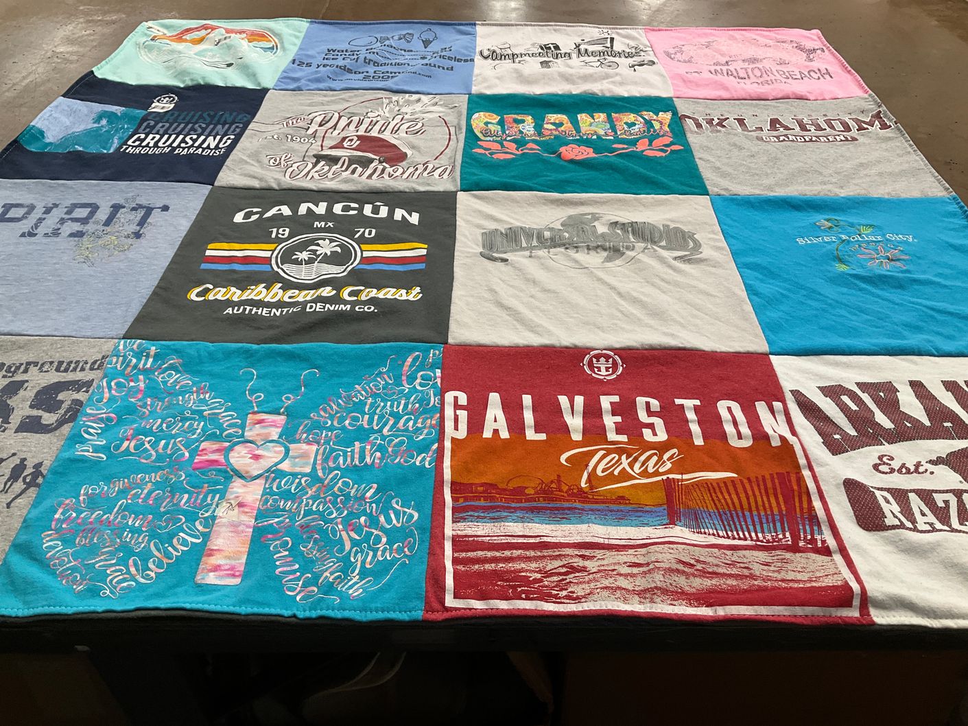 T-shirt quilt with travel, beaches themes by Marilyn from MO