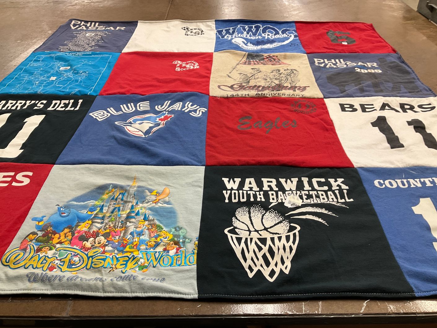 T-shirt quilt featuring blue jays by Katherine from NY