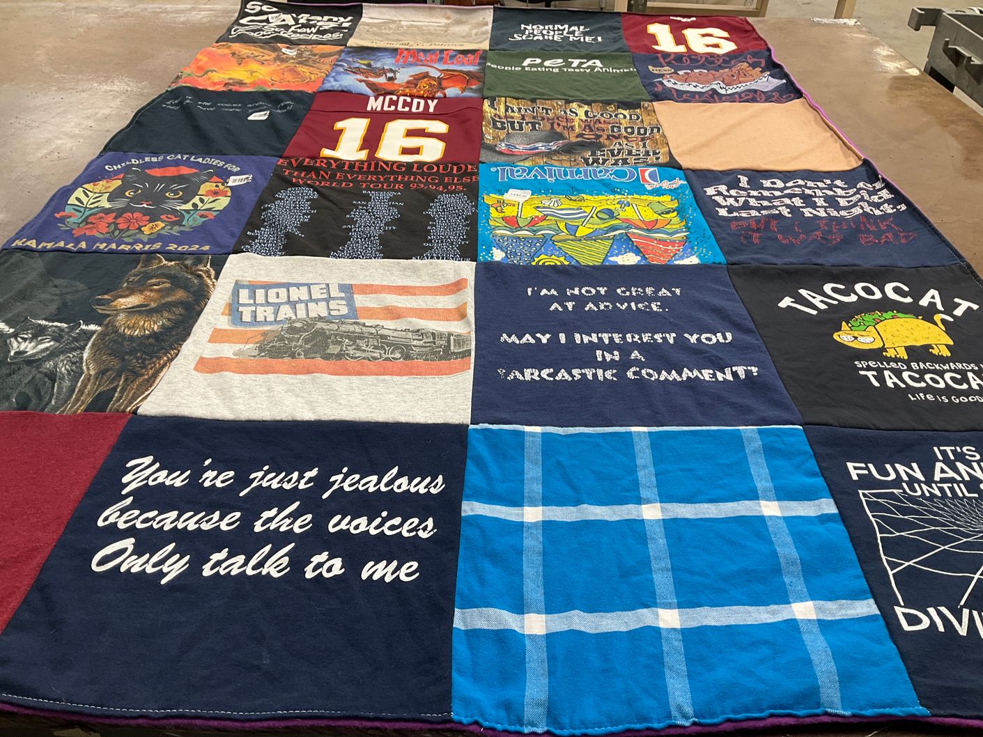 T-shirt quilt with animals, trains themes by Julie from VA