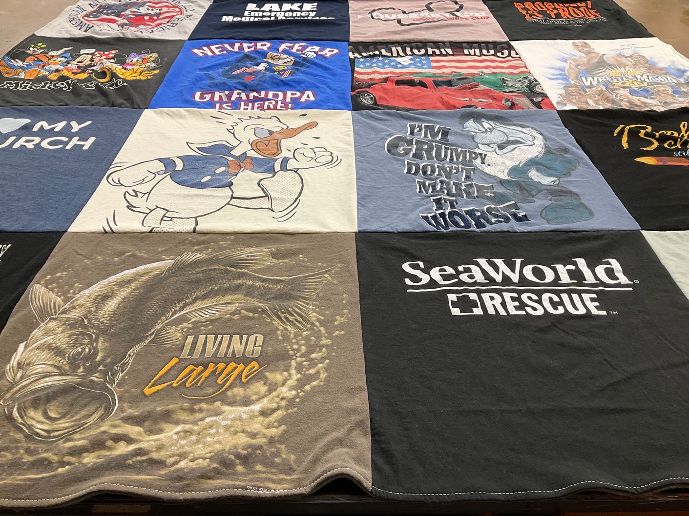 T-shirt quilt with fishing, disney themes by Tabetha from FL