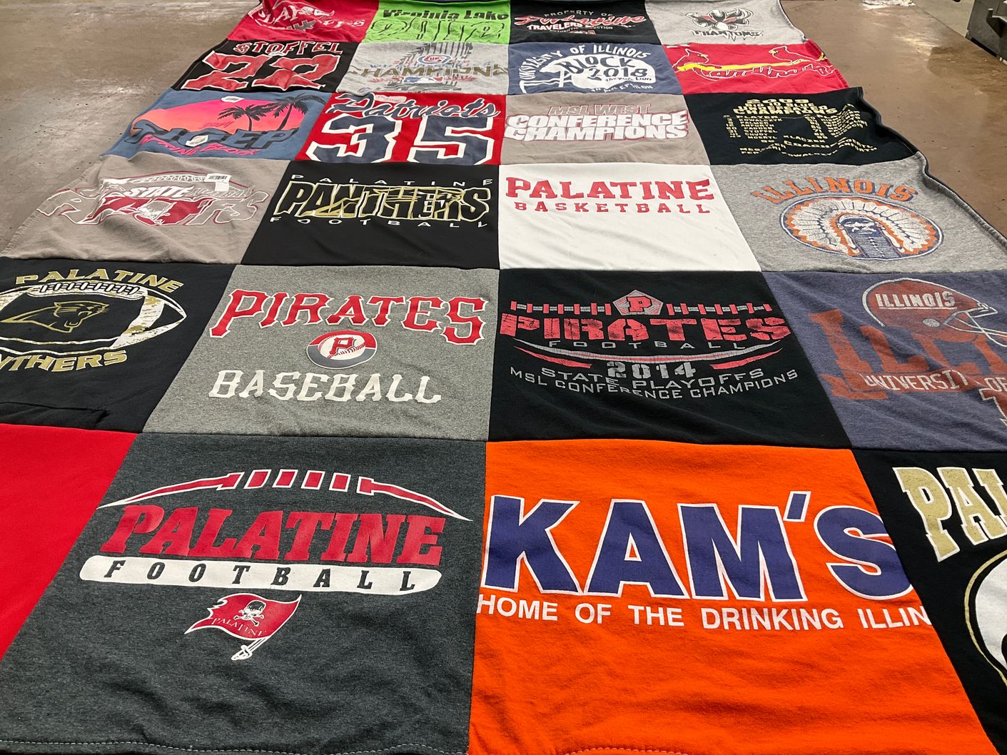 T-shirt quilt featuring palatine pirates, palatine panthers by Katherine from IL