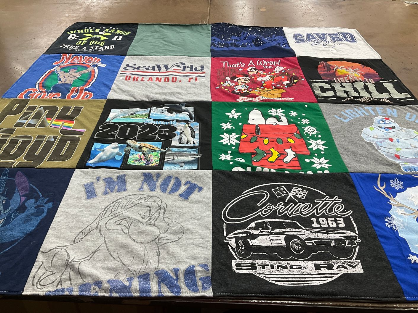T-shirt quilt with aquatic life, music themes by Tabetha from FL