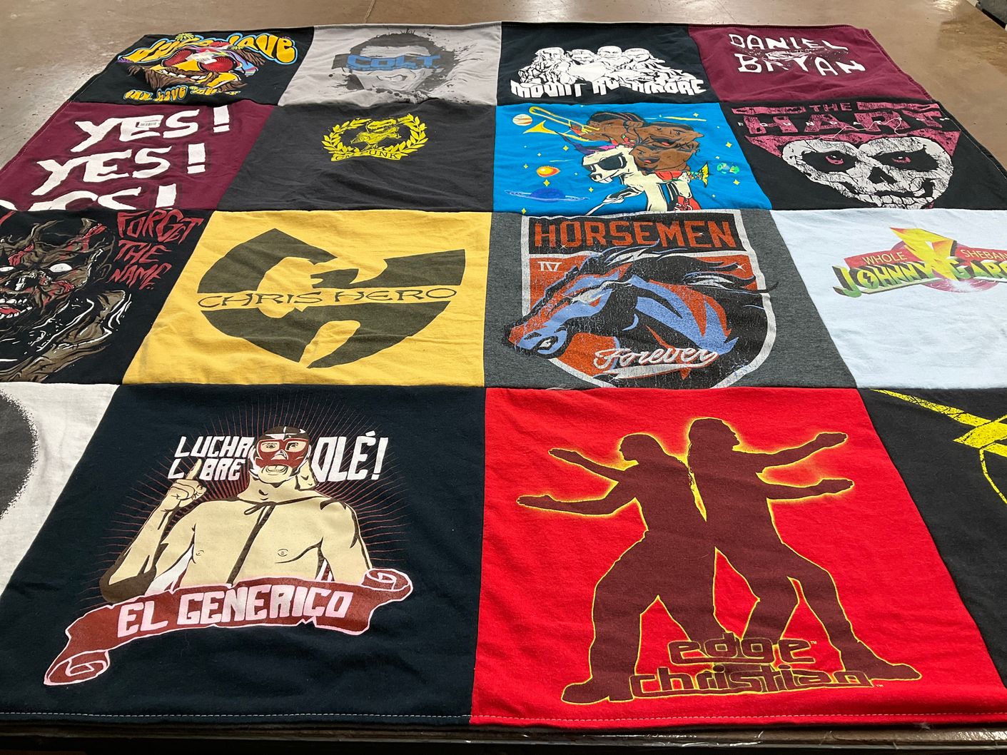 T-shirt quilt with wrestling, music themes by John from IL