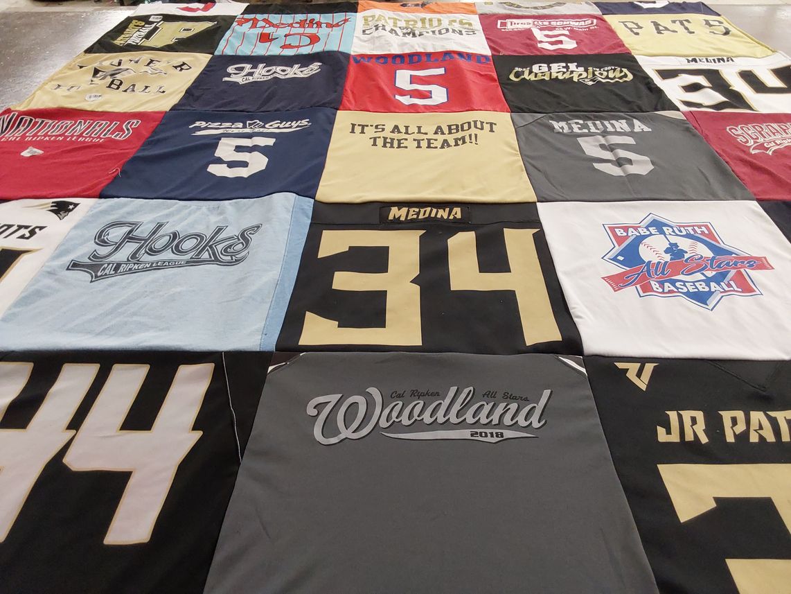 T-shirt quilt with baseball, youth sports themes by Rachel from CA