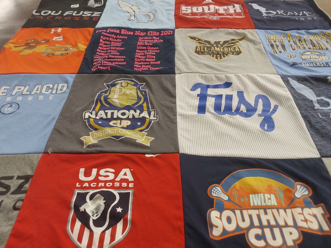 T-shirt quilt with lacrosse themes by Mia from MO