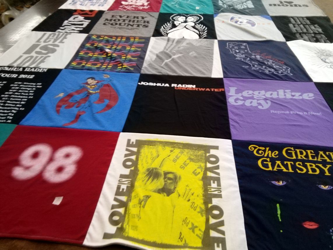T-shirt quilt with music, literature themes by Jessica from CA