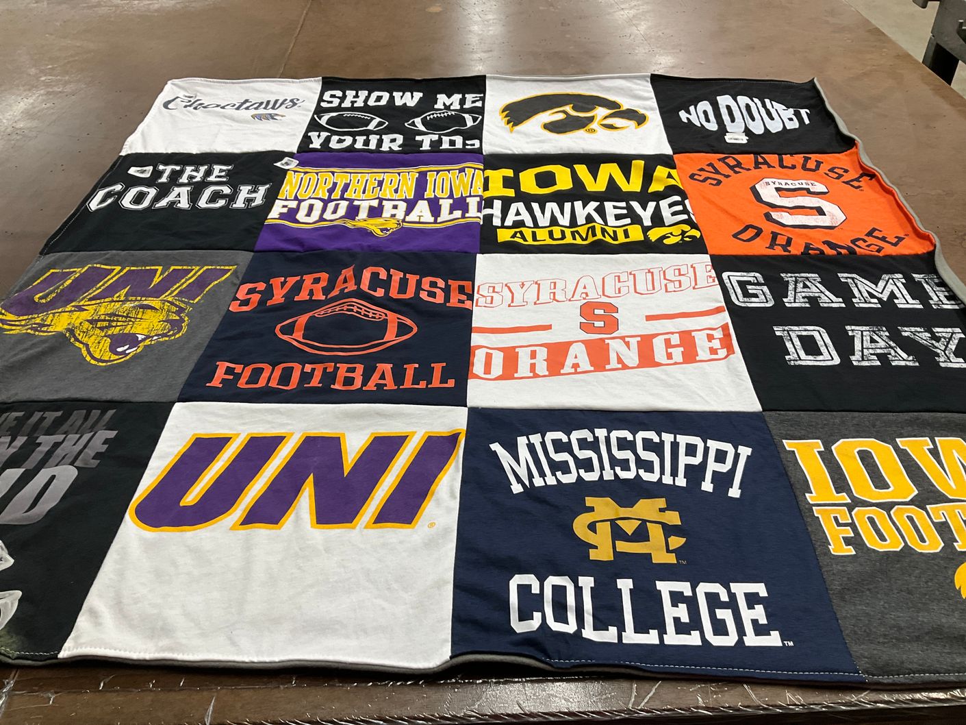 T-shirt quilt featuring iowa hawkeyes football, syracuse orange football by Carley from IL