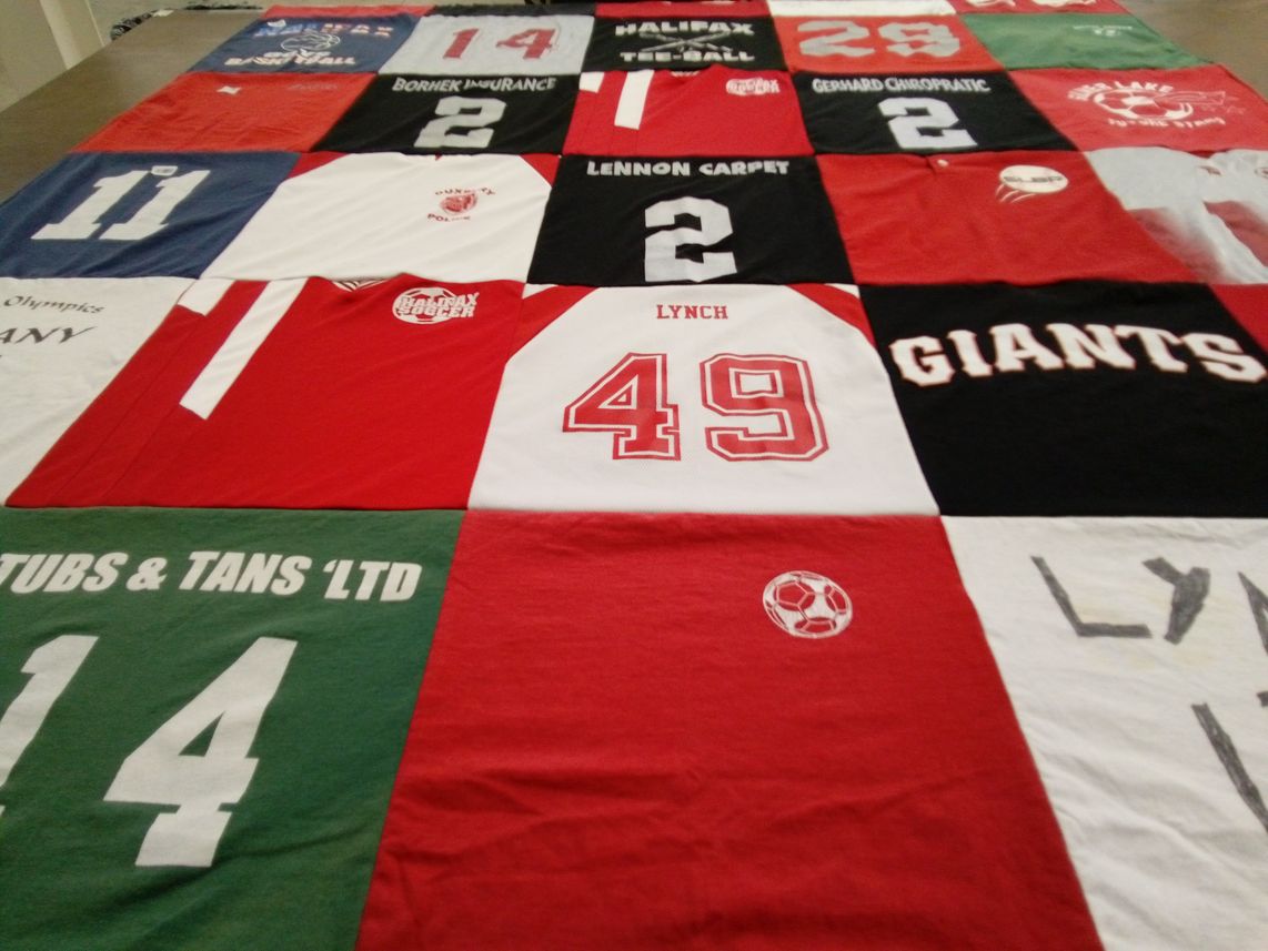 T-shirt quilt with sports, soccer themes by Sarah from MA