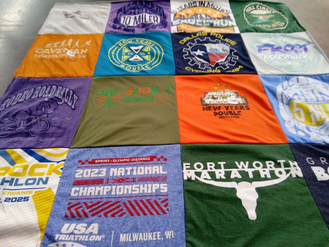 T-shirt quilt with running, cycling themes by Steve from TX