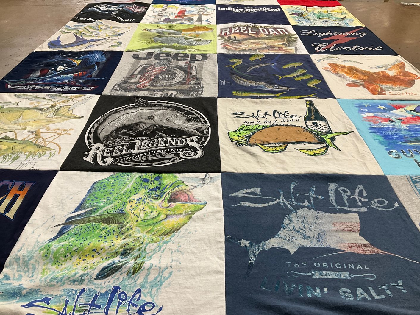 T-shirt quilt with fishing, outdoor activities themes by Margaret from FL