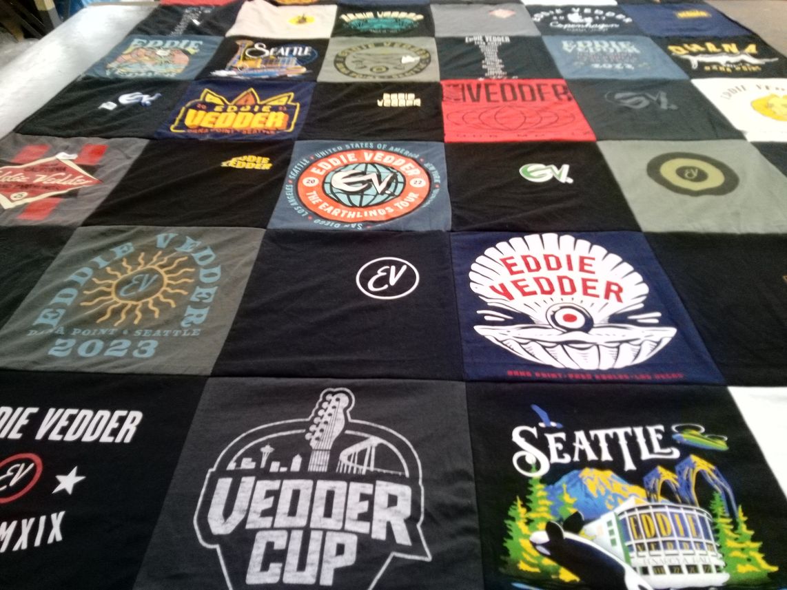 T-shirt quilt with music, concerts themes by Angi from WA
