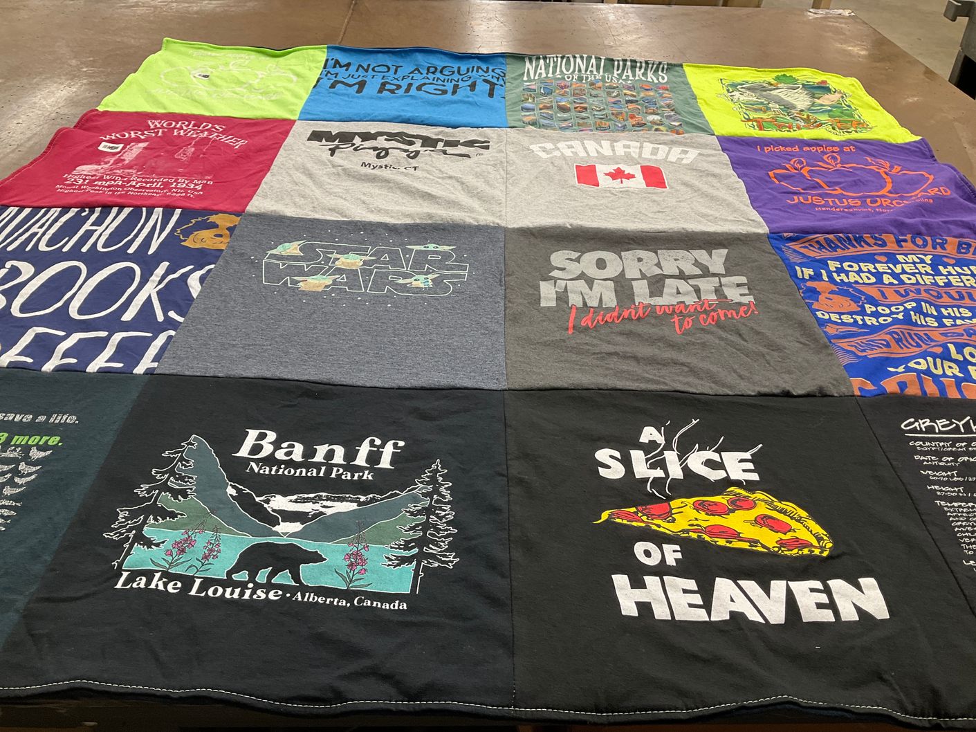 T-shirt quilt with travel, outdoors themes by Billie from NC