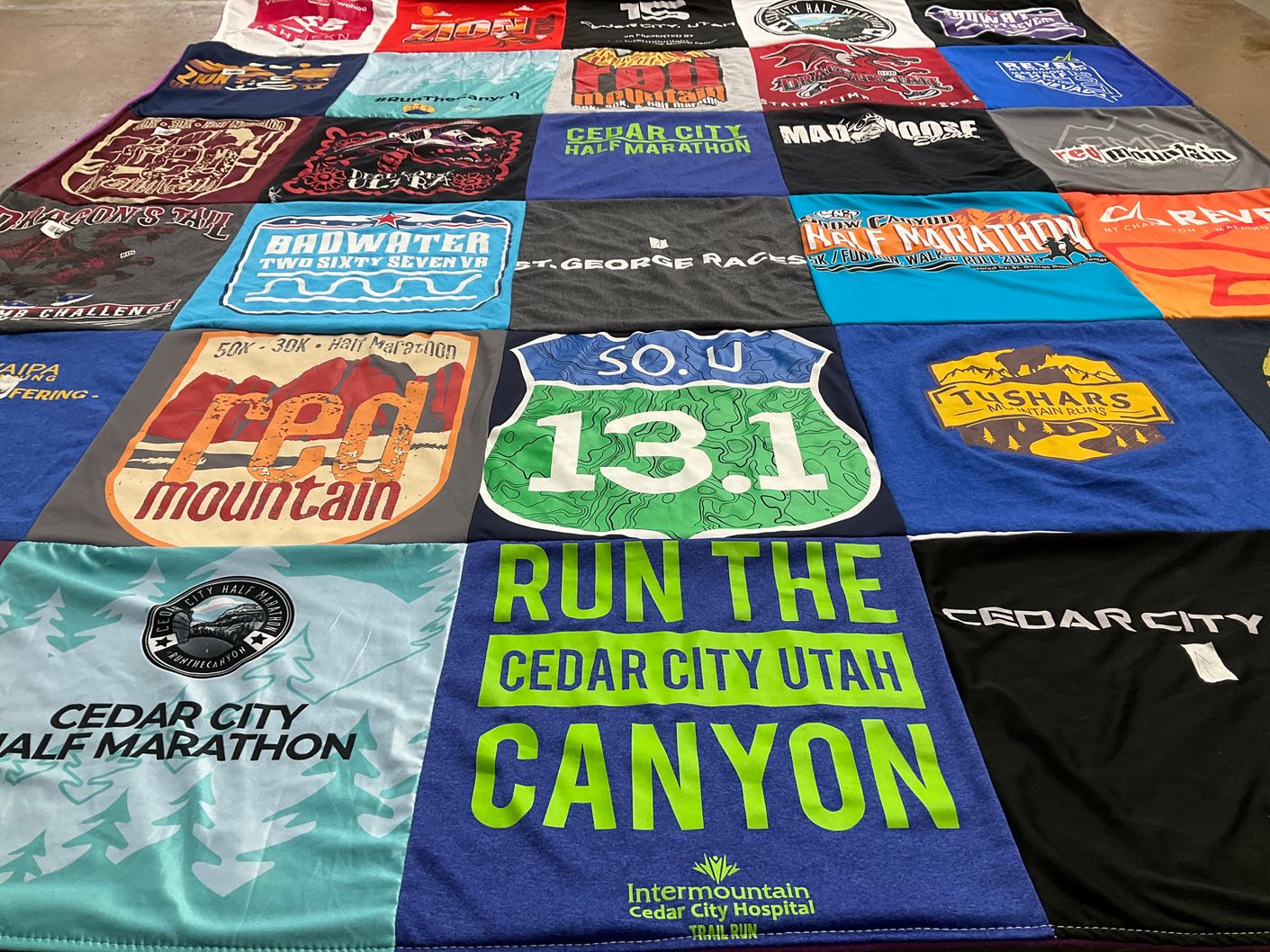 T-shirt quilt with running, marathons themes by Sarah from UT