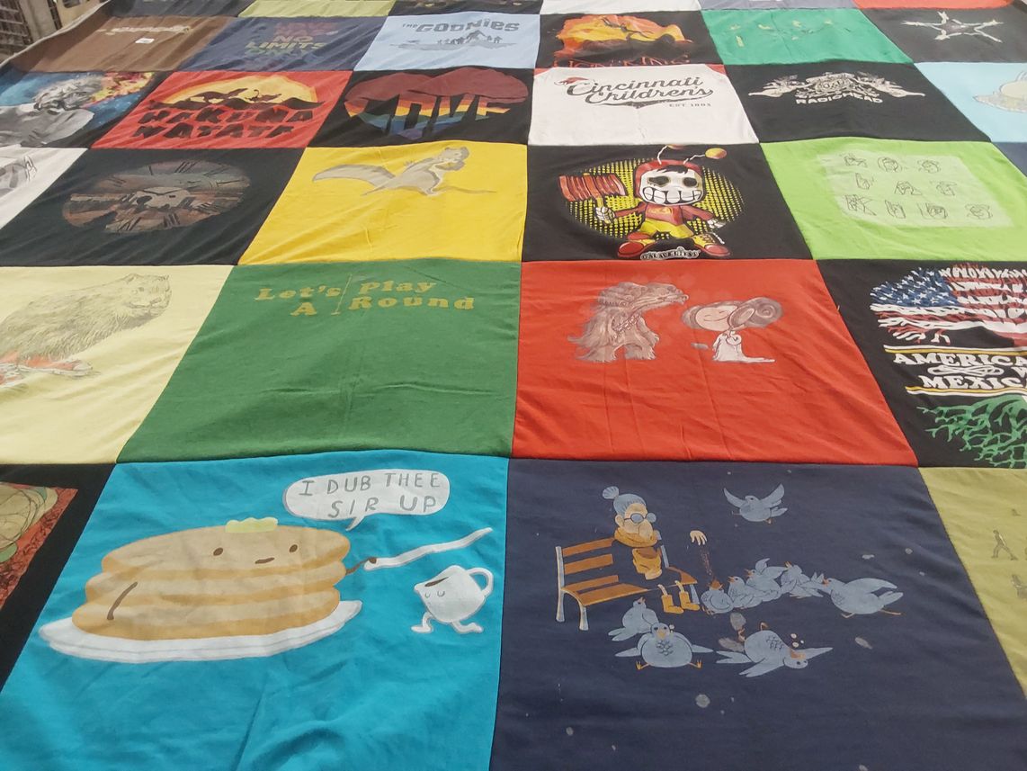 T-shirt quilt with movies, animals themes by Maria from IN
