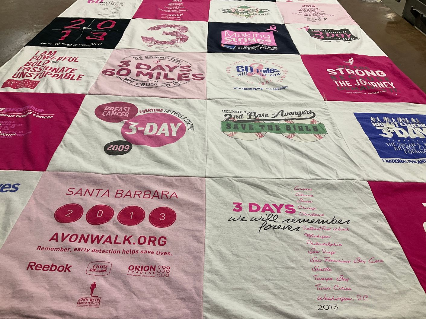 T-shirt quilt with health, breast cancer awareness themes by Diana from CA