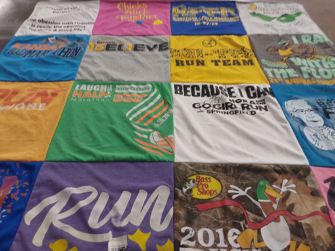 T-shirt quilt with running, marathons themes by Verna from MO