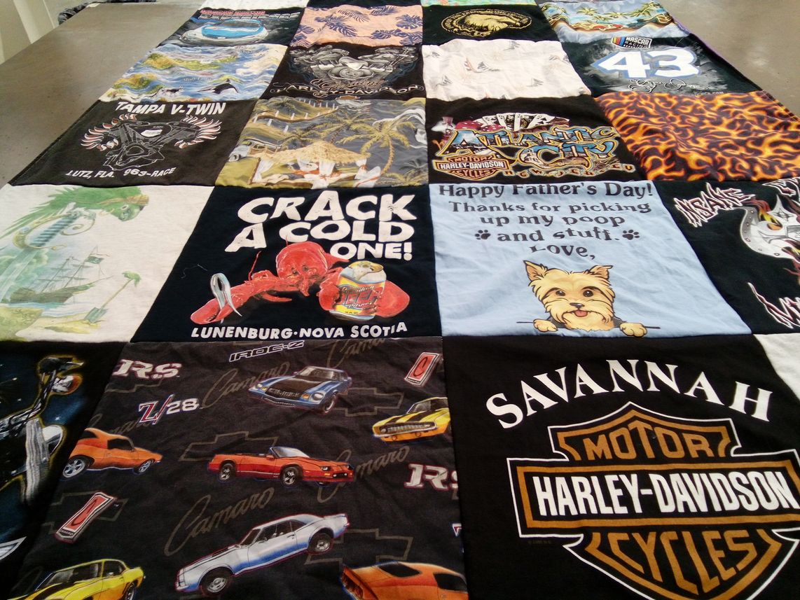 T-shirt quilt with motorcycles, vehicles themes by Karen from FL