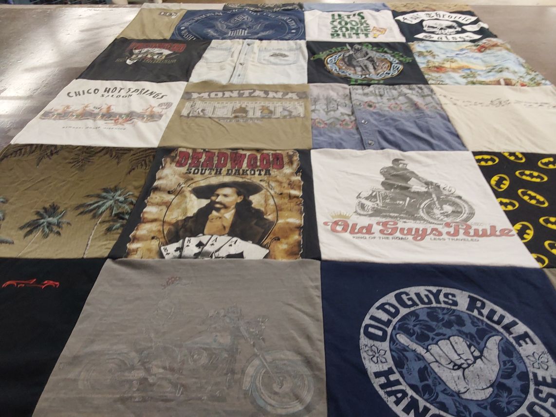T-shirt quilt with motorcycles, gambling themes by Sue from HI