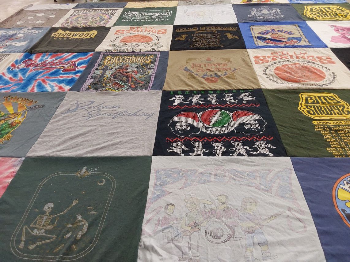 T-shirt quilt with music, concerts themes by Whit from GA