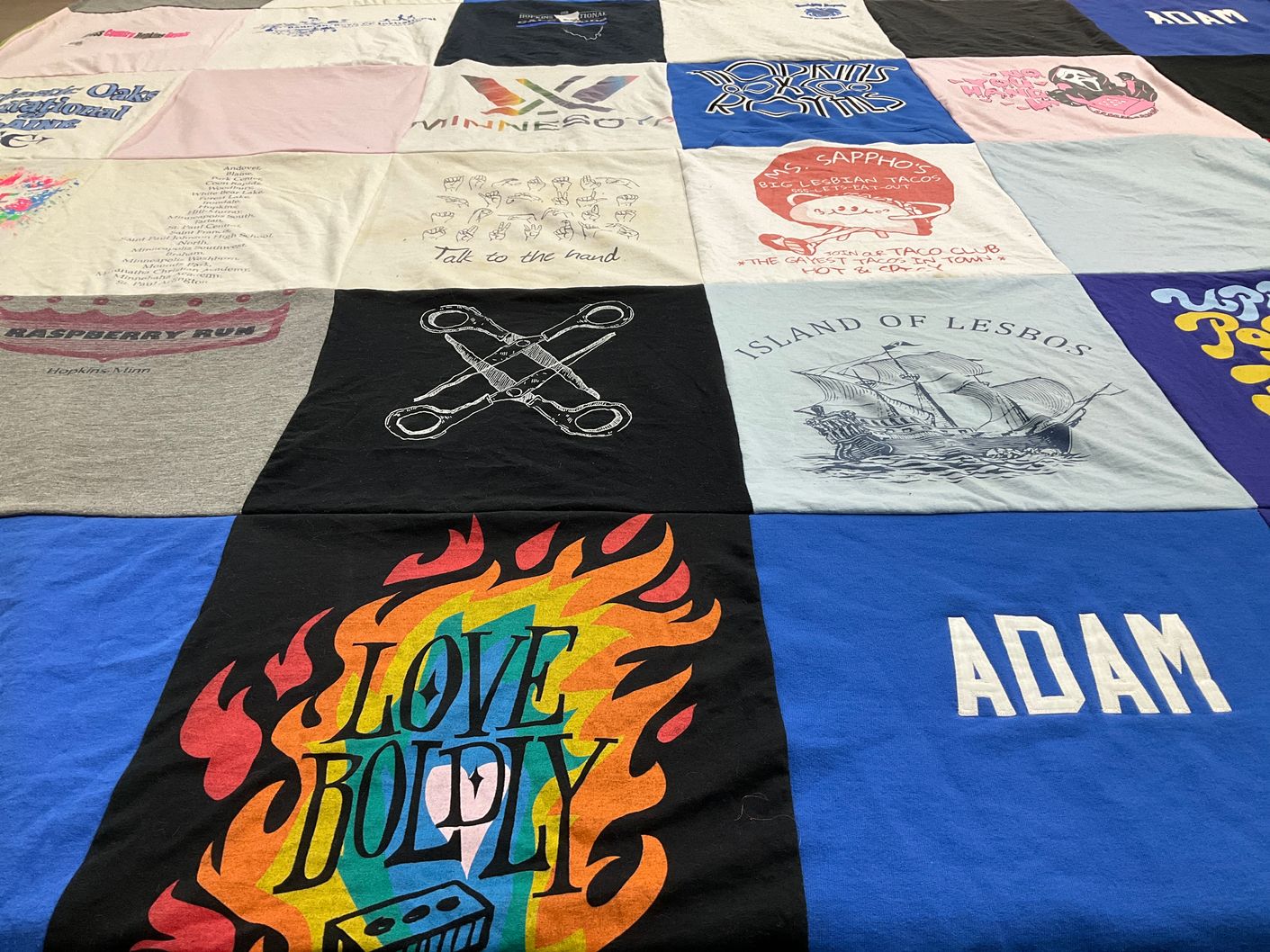 T-shirt quilt with tacos, community events themes by Cate from MN