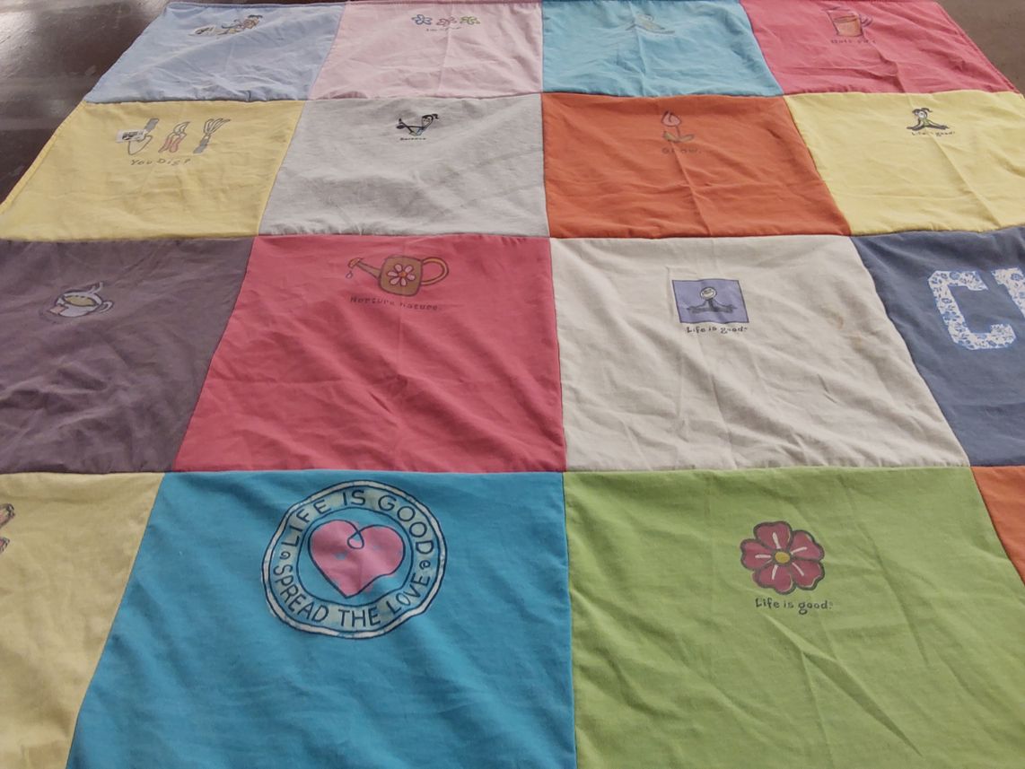 T-shirt quilt with gardening, positivity themes by Stacey from NC