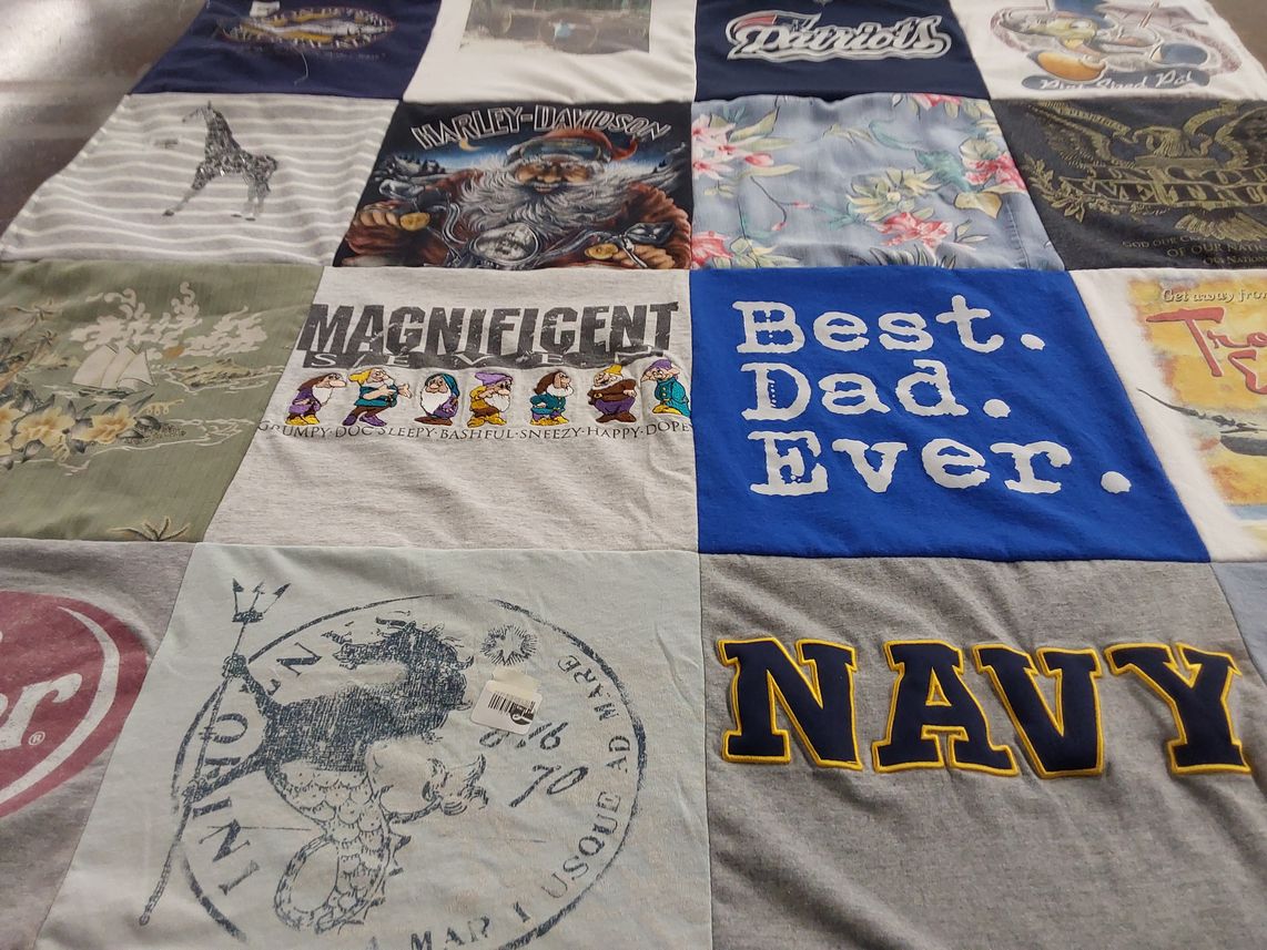 T-shirt quilt with motorcycles, father's day themes by Vicki from CA