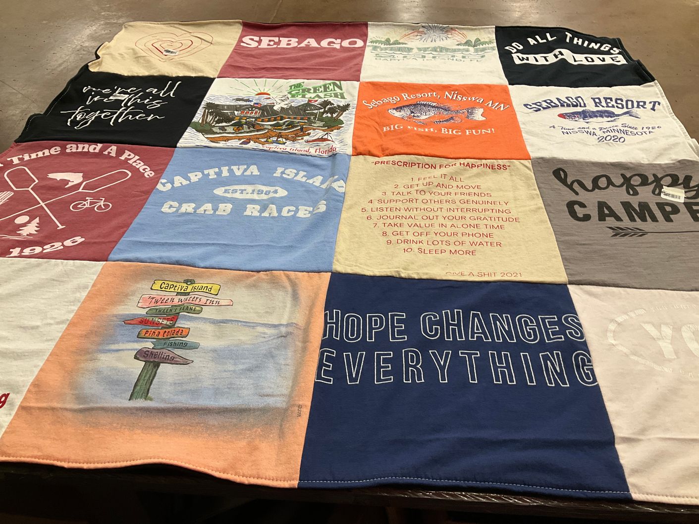 T-shirt quilt with camping, beach themes by Tricia from KS