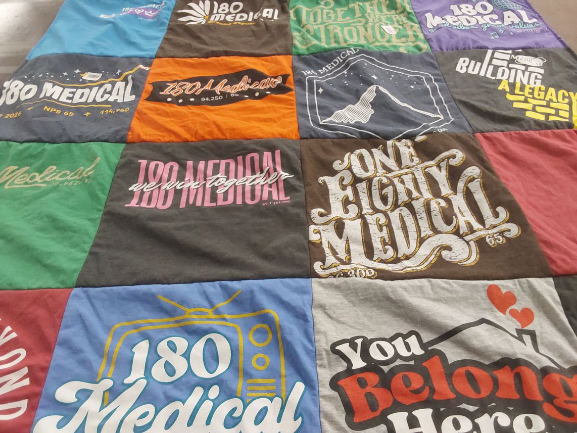 T-shirt quilt with medical field, community support themes by Lindsay from AZ