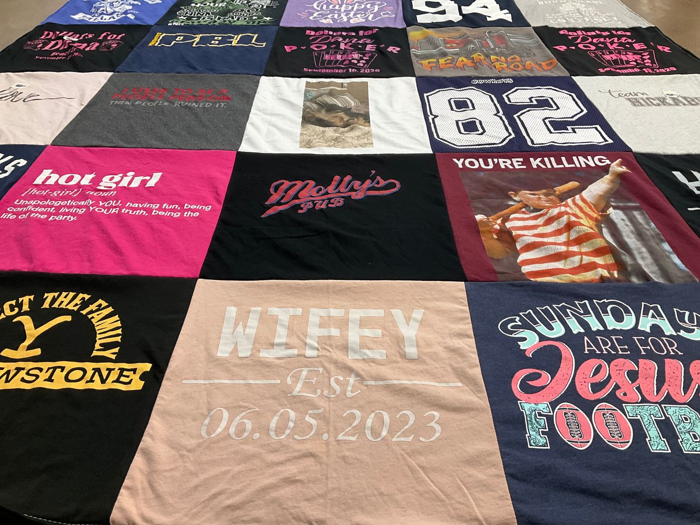T-shirt quilt with partying, football themes by Travis from IL