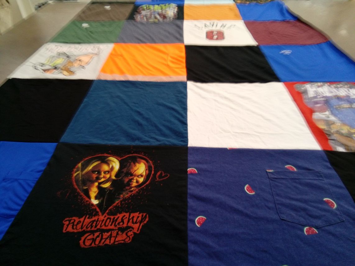 T-shirt quilt with cartoons, movies themes by Denise from IL