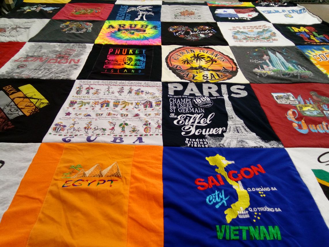 T-shirt quilt with travel, culture themes by Chelsea from MO