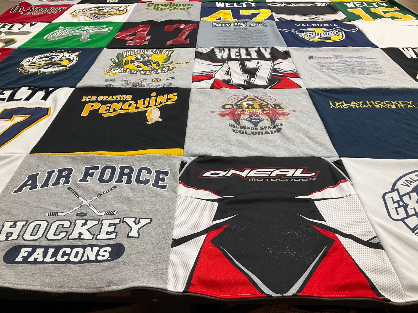 T-shirt quilt featuring air force hockey falcons by Kathy from CA