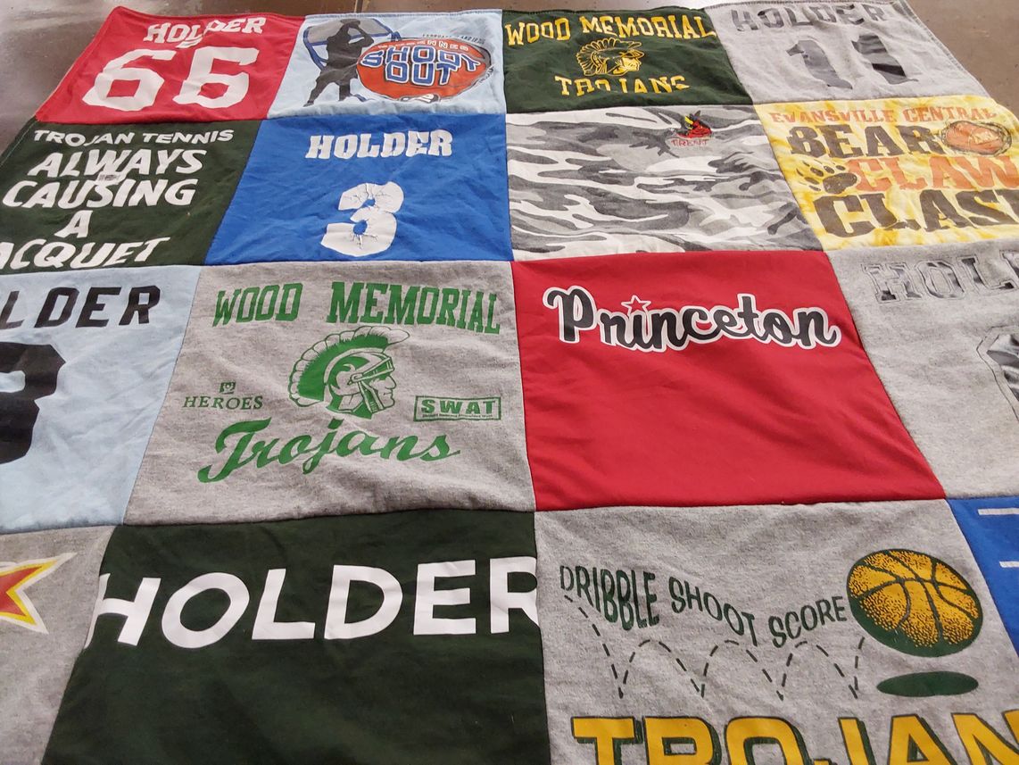 T-shirt quilt featuring wood memorial trojans by Chastity from IN