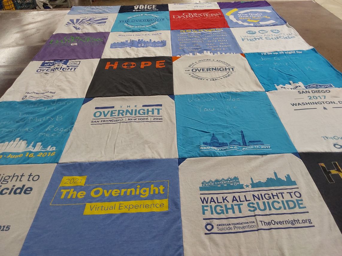 T-shirt quilt with mental health, suicide prevention themes by Rebecca from MD