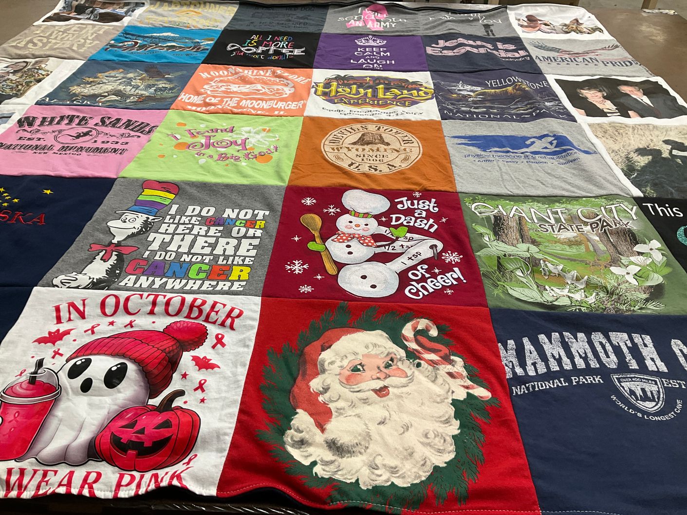 T-shirt quilt with cancer awareness, national parks themes by Peggy from IL