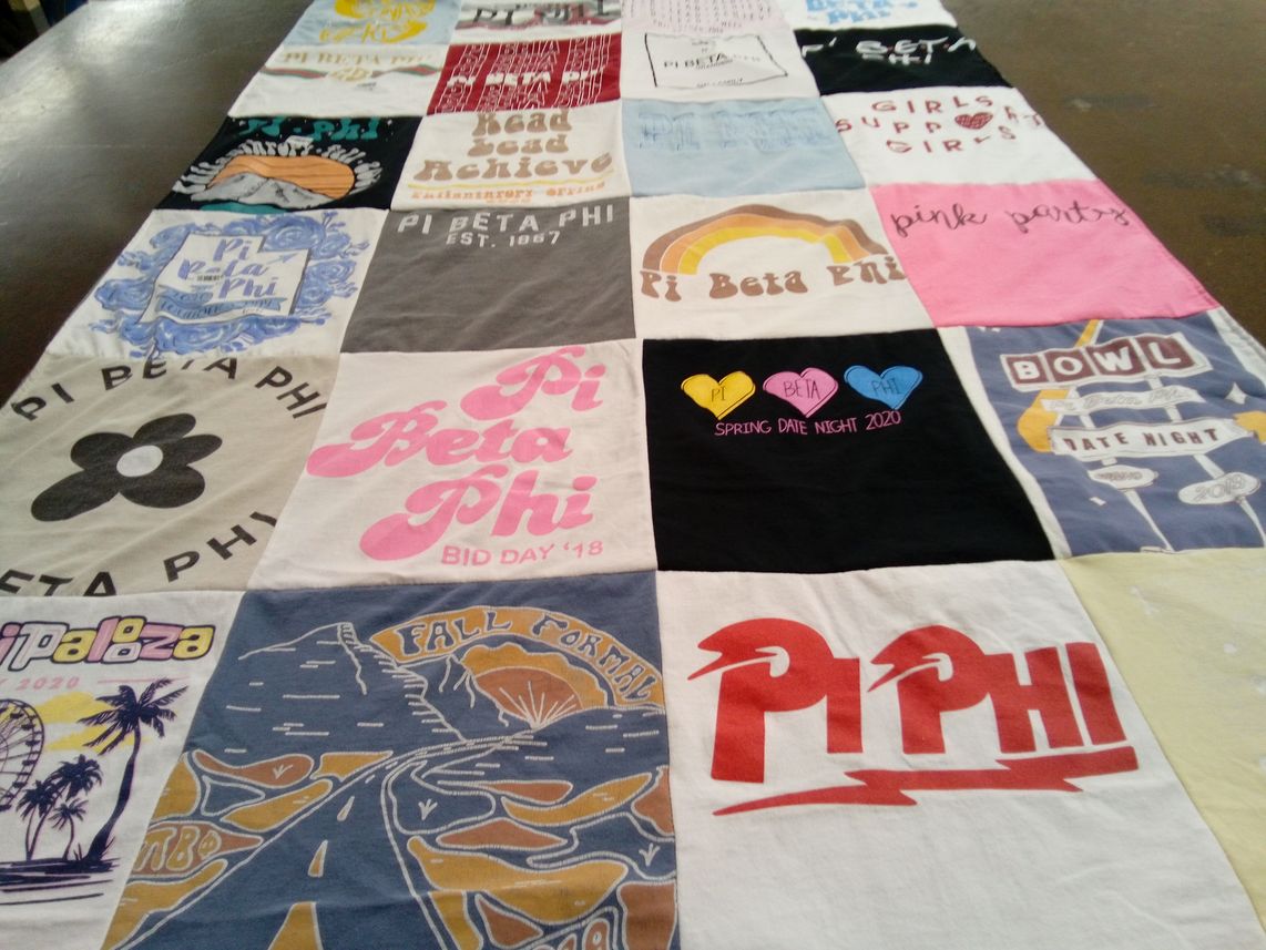 T-shirt quilt with sorority events, social gatherings themes by Taylor from WA